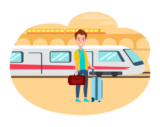 Man With Baggage Wait For Train At Railway Station Stock Illustration -  Download Image Now - Railroad Station, Cartoon, Emigration and Immigration  - iStock