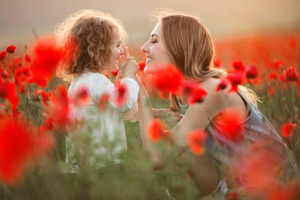 Beautiful smiling child girl with mother are having fun in field of red poppy flowers over sunset lights stock photo