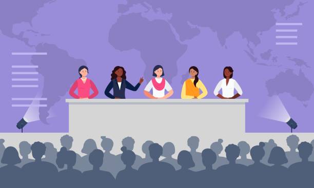 Multiethnic women sitting at the desk on stage and speak to an audience. Debates, international press conference. Global women conference concept. Flat vector illustration. politician stock illustrations