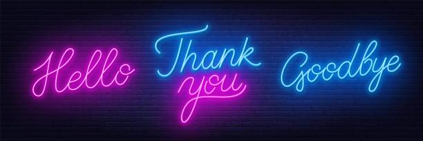 istock Neon lettering thank you, hello and goodbye on a dark background. 1244711731