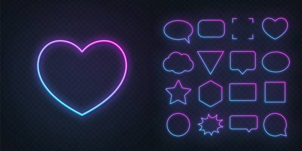 Circle, square, speech bubble, star, triangle, heart, hexagon and other glowing gradient pink blue neon frames on a dark transparent background. Set of gradient pink blue neon frames with soft glow on a transparent background. Speech bubble, square, circle, star, triangle, heart, hexagon and other glowing neon shapes on a dark background. glow in the dark hearts background stock illustrations