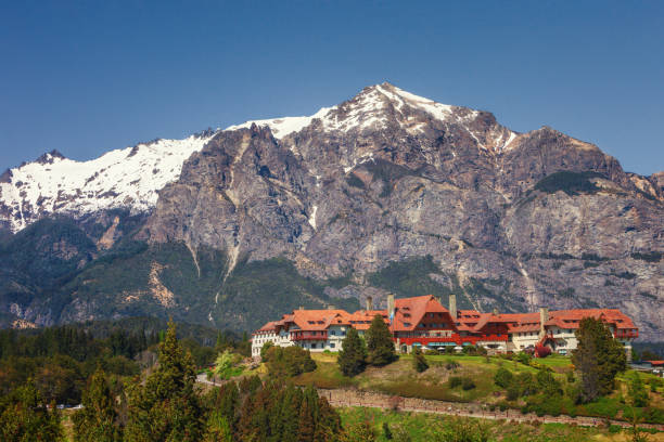 beautiful landscape of mountain and the hotel llao llao near san carlos de bariloche town, patagonia, argentina, - llao llao hotel imagens e fotografias de stock