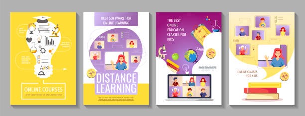 온라인 교육, 거리 학습, 과정, 교육, 공부, 학교를위한 전단지 세트. - presentation poster student classroom stock illustrations
