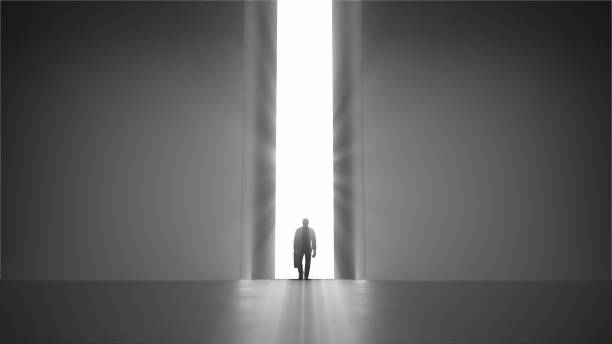 istock 3d render walking man with a case to the opening gate with clearance 1244725341