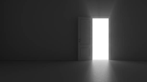 istock 3d render open door shine in dark room 1244725862