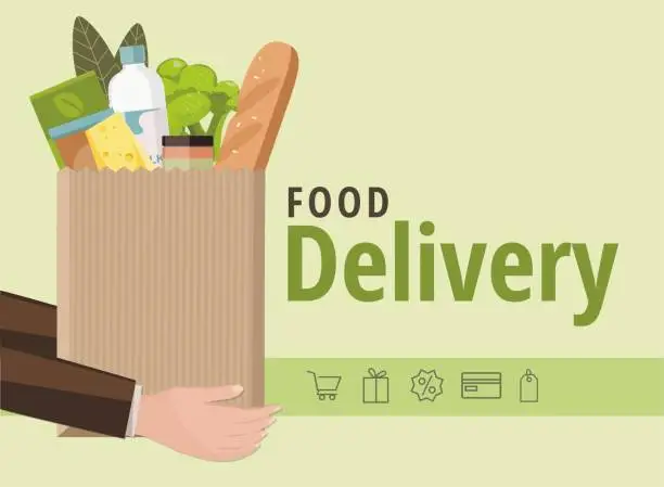 Vector illustration of Man holding a paper bag with food. Food delivery service concept, online order.