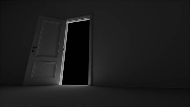 istock 3d render open door in dark room on a black background 1244726402