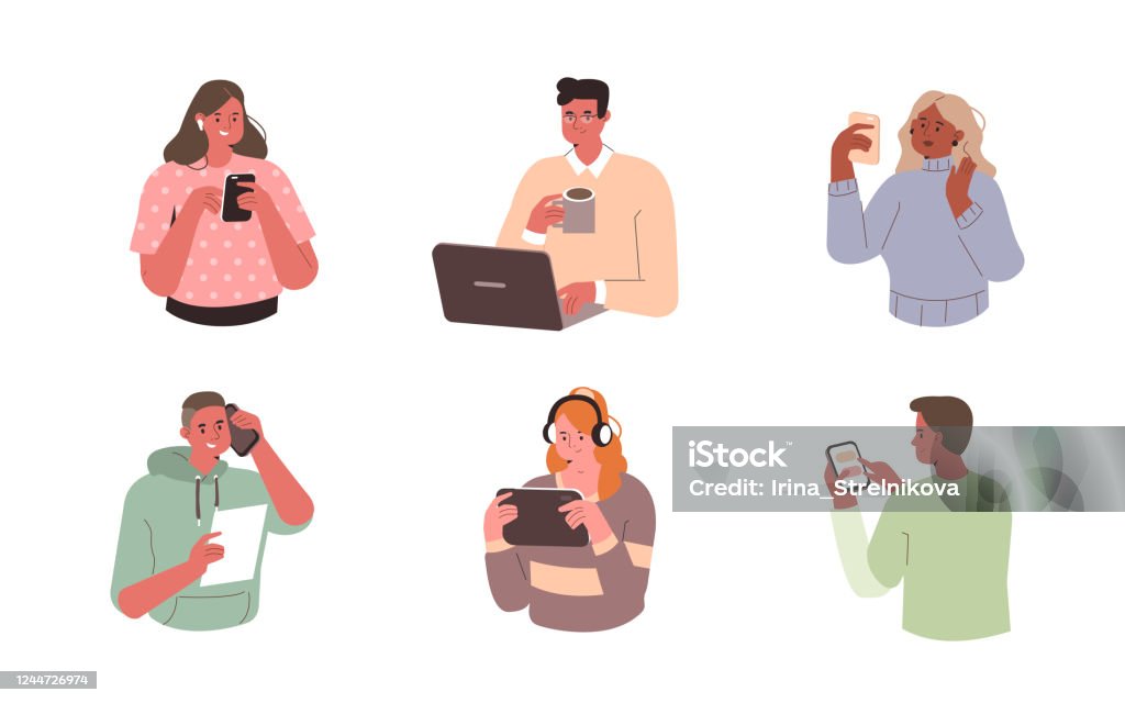 people with devices Young People use Smartphones, Laptops and Tablets. Characters with Different Devices. Boys and Girls Talking and Typing on Phone. Female and Male Characters Set. Flat Cartoon Vector Illustration. People stock vector