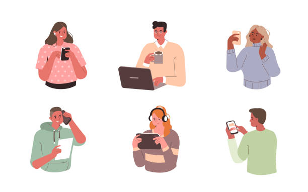 people with devices Young People use Smartphones, Laptops and Tablets. Characters with Different Devices. Boys and Girls Talking and Typing on Phone. Female and Male Characters Set. Flat Cartoon Vector Illustration. using laptop illustrations stock illustrations