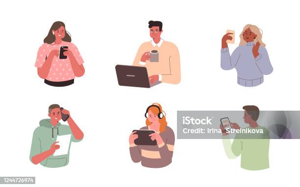 People With Devices Stock Illustration - Download Image Now - People, Illustration, Mobile Phone