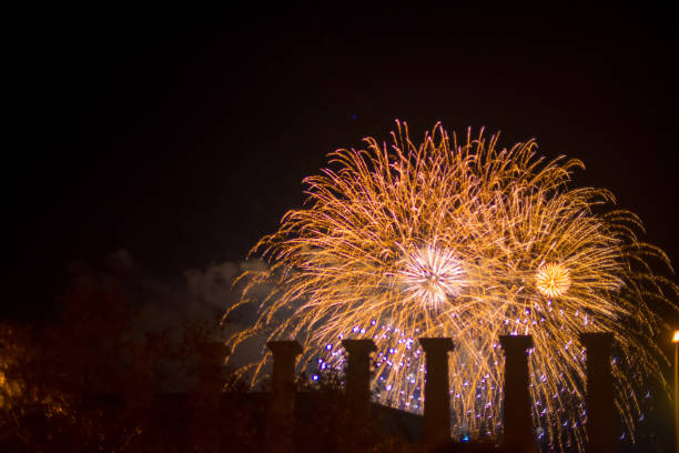 New Year Fireworks at Tourists destination Barcelona, Spain. Barcelona is known as an Artistic city located in the east coast of Spain.\