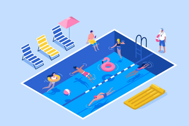 swimming pool People Characters Swimming in Public Swimming Pool in Summer. Man and Woman wearing Swimsuits Sunbathing,  Lying and Floating on Water. Summer Vacation Concept. Flat Isometric Vector Illustration. diving into pool stock illustrations