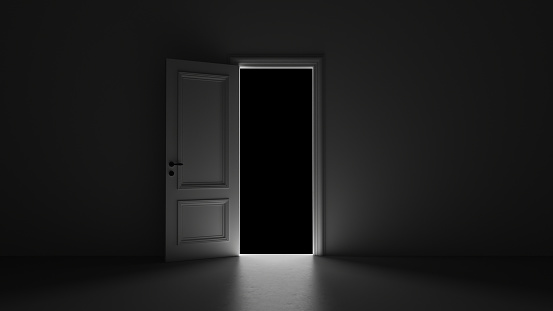 3d render open door in dark room on a black background 4k