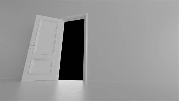 istock 3d render open door in a bright room on a black background 1244732606