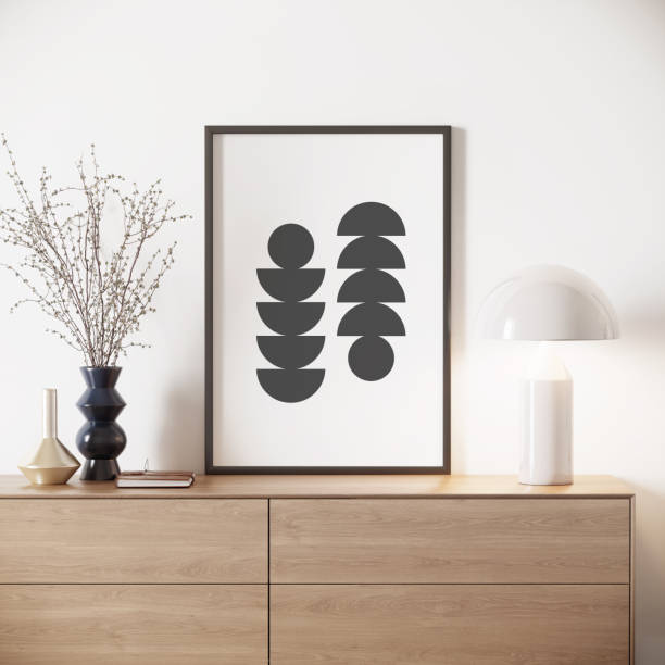 istock 3d modern mockup with frame on a sideboard and a white lamp 1244735933