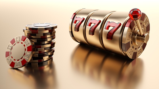 Gold Casino Chips And Slot Machine Isolated On The Golden Background