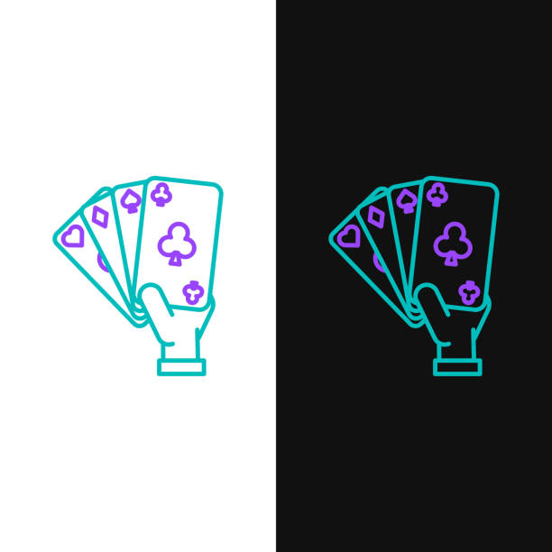 ilustrações de stock, clip art, desenhos animados e ícones de green and purple line hand holding playing cards icon isolated on white and black background. casino game design. vector illustration - people gambling line art casino