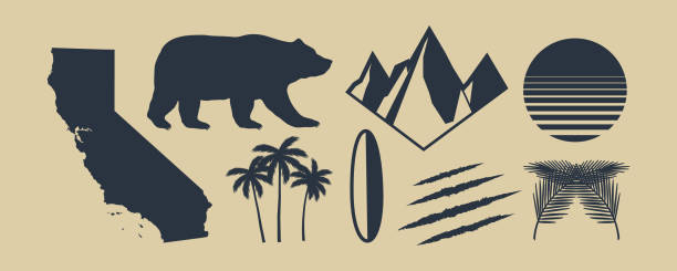 ilustraciones, imágenes clip art, dibujos animados e iconos de stock de conjunto de 8 símbolos de california. mapa de california, palmeras, montañas. oso y garras de arañazos. sol retro de california. elementos vintage para símbolo de diseño, póster, impresión para camiseta. ilustración vectorial - oso