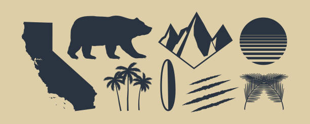 カリフォルニア州の8シンボルのセット。カリフォルニア地図、ヤシの木、山。クマとスクラッチの爪。カリフォルニアのレトロな太陽。デザインシンボル、ポスター、tシャツ用のプリント� - クマ点のイラスト素材／クリップアート素材／マンガ素材／アイコン素材