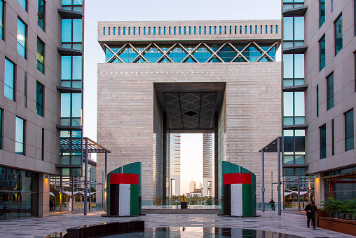 Dubai, United Arab Emirates - February 14, 2020: Gate Avenue with The Dubai International Financial Centre DIFC in downtown Dubai United Arab Emirates at sunset time