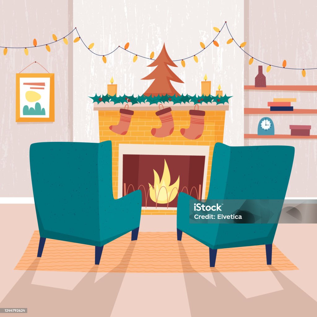 Chair and christmas fireplace Chair and christmas fireplace with  socks  and candles. Flat cartoon style vector illustration. Christmas stock vector