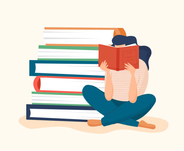 Woman reading book with pile of books Woman reading book with pile of books.  Distance studying, earning and self education concept. Flat cartoon style vector illustration. reading illustrations stock illustrations