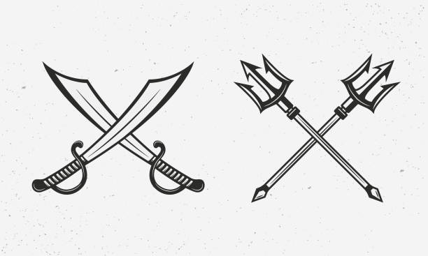 Pirate saber swords and Poseidon tridents. Nautical icons isolated on white background. Nautical symbol template. Vector illustration Vector illustration trident stock illustrations