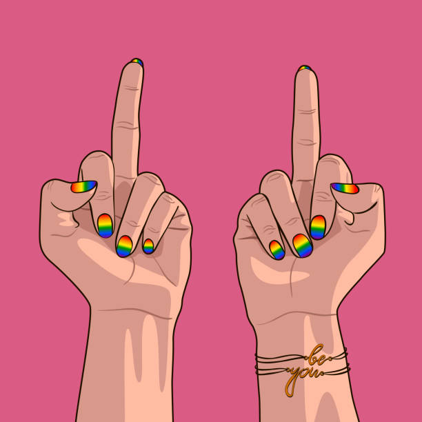 Vector illustration for support card. Woman shows middle finger with rainbow fingernails. Middle finger sign and LGBT colorful manicure. obscene gesture stock illustrations