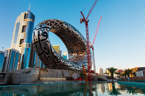 Dubai, United Arab Emirates - February 14, 2020: The Museum of The Future under construction in Dubai downtown built for EXPO 2020 scheduled to be held in the UAE