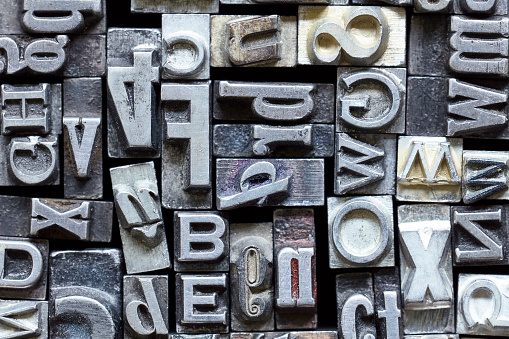 Top view of vintage metal letterpress type background
