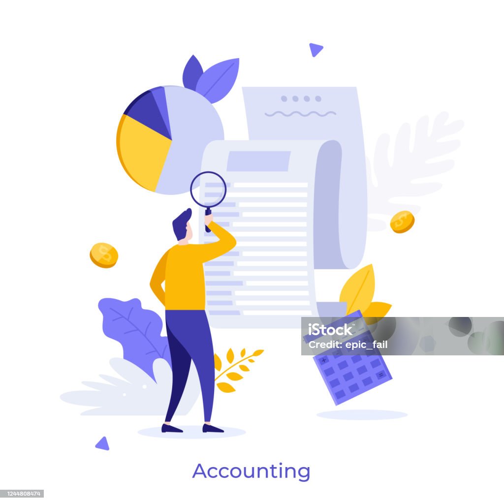 Abstract character concept Man looking through magnifying glass at bill, check or invoice. Concept of accounting and auditing service for business, budget planning, revenue calculation. Modern flat colorful vector illustration. Financial Bill stock vector