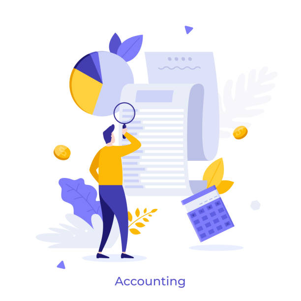 Abstract character concept Man looking through magnifying glass at bill, check or invoice. Concept of accounting and auditing service for business, budget planning, revenue calculation. Modern flat colorful vector illustration. calculator illustrations stock illustrations