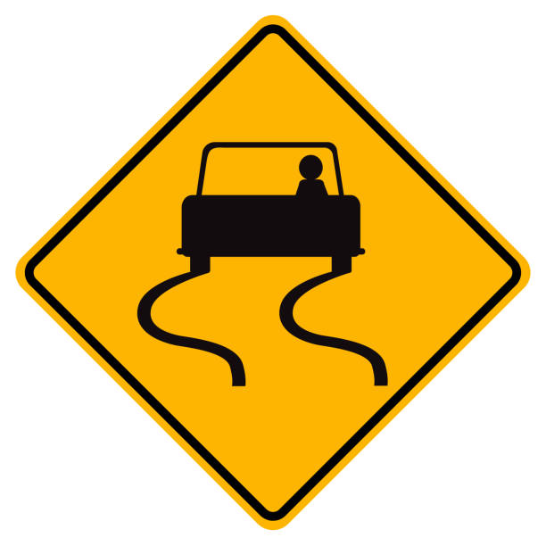 ilustrações de stock, clip art, desenhos animados e ícones de warning signs slippery road on white background - skidding bend danger curve