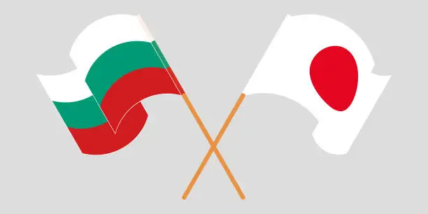 Vector illustration of Crossed and waving flags of Bulgaria and Japan