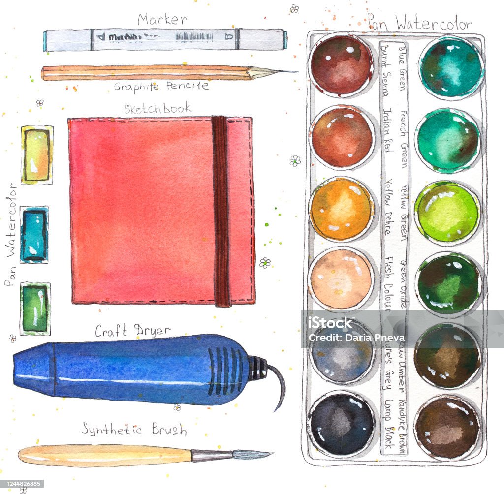 Watercolor Art Supplies Pallet Sketchbook Pan Craft Dryer Brush Marker  Stock Illustration - Download Image Now - iStock