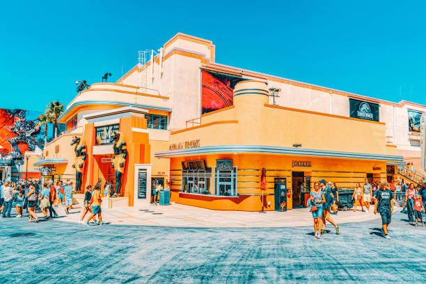 Los Angelos, California, USA - September 07, 2018: World famous park Universal Studios in Hollywood. Amusement scene Jurassic Park, Mummy, Transformers.