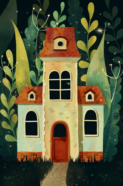istock Magical house or castle in the forest with pathway, stars, leaves, branches and flowers. 1244830269