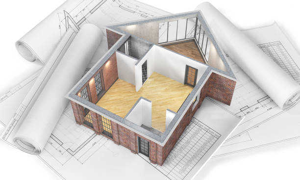 istock Sliced empty house  in form of house  on a white background with blueprints. 3d illustration 1244831792