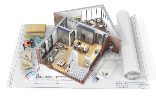 istock Sliced house with interior in form of house with blueprints in construction process on a white background  . 3d illustration 1244831916