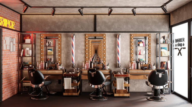 barbershop arbeitsplatz innen 3d illustration - herrenfriseursalon stock-fotos und bilder