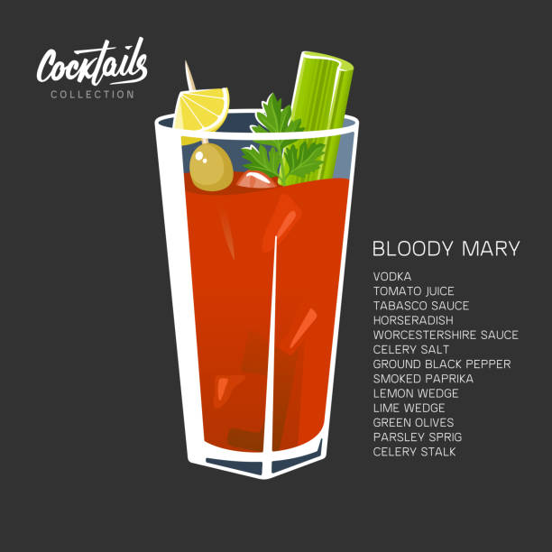 illustrazioni stock, clip art, cartoni animati e icone di tendenza di bloody mary cocktail illustrazione vettoriale di pomodoro rosso nero - juice celery drink vegetable