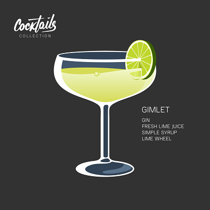 Cocktail Gimlet glass with lime wheel isolated on black vector illustration