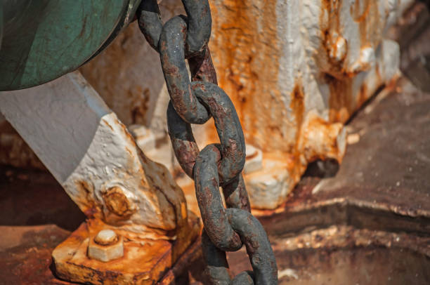 Metal rusty chain. Part of ship equipment. Close up
