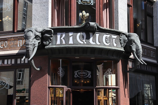 Cafe Riquet in Leipzig, Germany. The Vienna-style cafe facade with elephant heads is one of most recognizable landmarks in Leipzig.