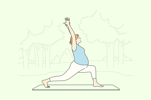 Sport, pregnancy, healthcare concept. Young pregnant woman cartoon character does yoga practicing activity exercise in park. Healthy lifestyle and outdoor recreation for expecting mothers illustration