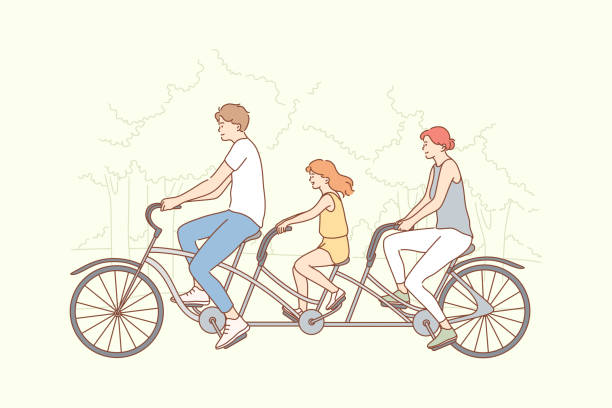 家族、 旅行、 サイクリング、スポーツ、アクティビティのコンセプト - women cycling bicycle father点のイラスト素材／クリップアート素材／マンガ素材／アイコン素材