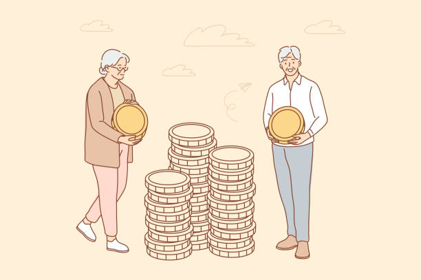 Money, business, insurance, deposit, saving concept Money, busines, insurance, deposit, saving concept. Deposit accumulation contribution to senior citizen account old age savings illustration. Elder man woman granmother grandfather put coins in stacks ira gold funds stock illustrations