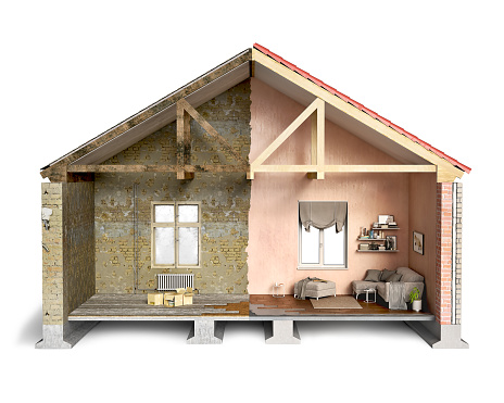 Half-old and half-new house, cross-section, 3d illustration