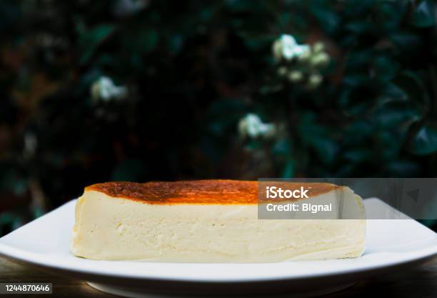 Half Cup Of Basque Burnt Cheesecake On A White Plate In Depp Green Background Stock Photo - Download Image Now