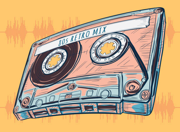 ilustrações, clipart, desenhos animados e ícones de mix retrô dos anos 80 - de áudio de música desenhada - personal cassette player